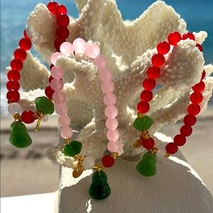 Elegant Red and Pink Beaded Bracelet Set with Green Charms